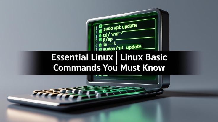 A clean 3D tech scene showing a dark-themed Linux terminal window with command lines like _sudo apt update_, _cd _var_, and _ls -l_ floating in perspective view. Add overlay text_ _Essential Linux Basic Co-Bc7krXx3oq.jpg